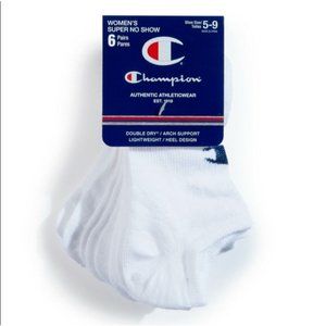 Champion Women's 6 Pairs Super No Show Double Dry Arch Support Socks Logo White